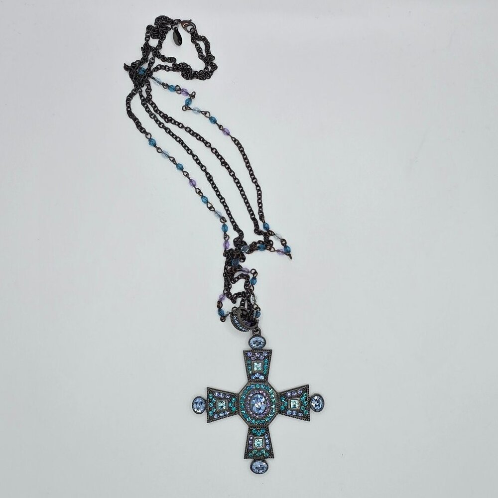 Vintage Real Collectibles by Adrienne Blue/Teal Rhinestone Cross & Drop Earrings - Picture 4 of 10